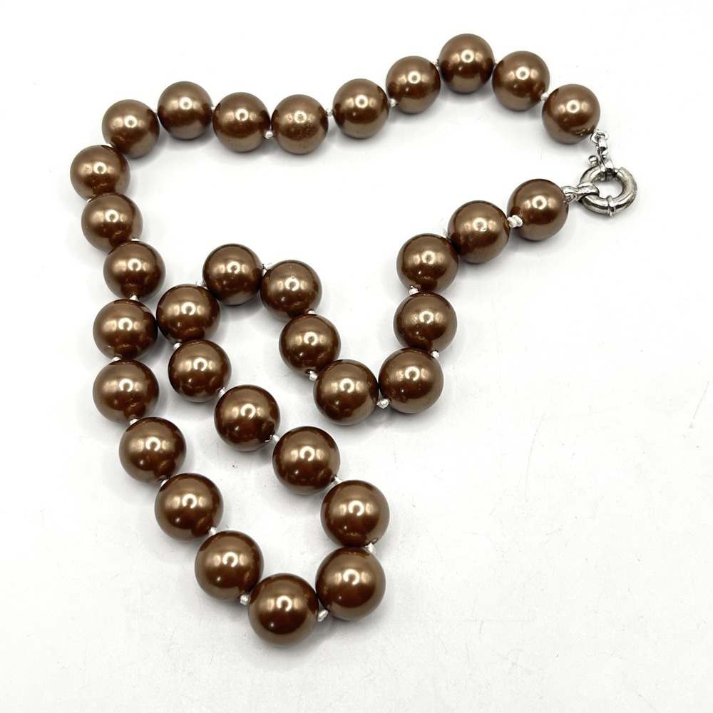 Vintage Bronze Brown Faux Pearl Necklace Knotted 12 MM Chunky Beaded 16"